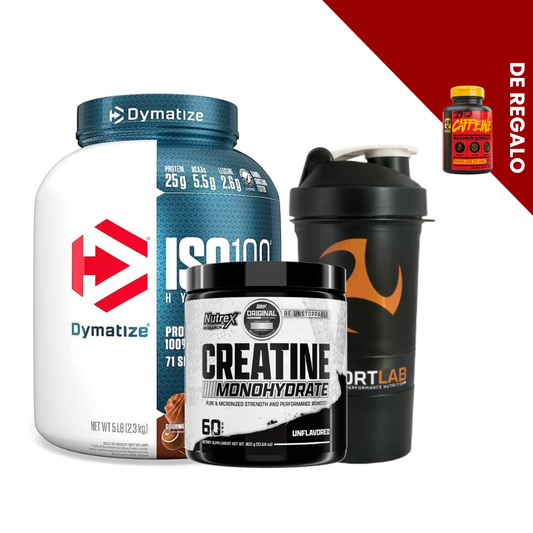 Paquete de proteínas ISO 100 de Dymatize con 5 lb, acompañado de creatina monohidratada y un shaker con cafeína de regalo.