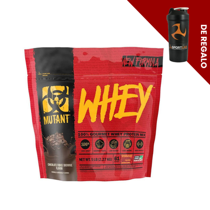 Paquete de proteína Whey 5 lbs Gourmet de Mutant con suplemento de creatina monohidratada y un shaker de regalo.