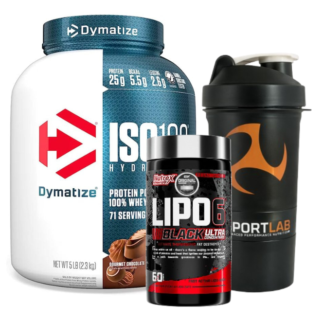 Pack con proteína ISO100 Dymatize 5 lb sabor Chocolate Gourmet, Lipo 6 Black Ultra Concentrate Nutrex 60 cápsulas y shaker.