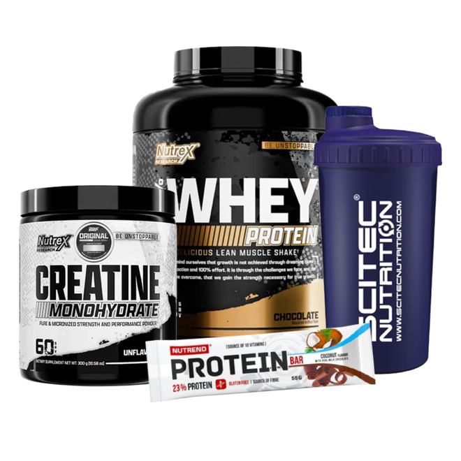 Pack de proteínas Nutrex con proteína Whey de 5 lb, creatina de 300 g, barra y shaker para entrenamiento.