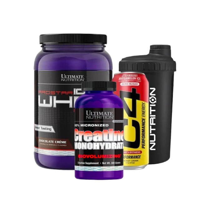 Paquete de 2 libras de proteínas Prostar de Ultimate Nutrition, vista del envase con etiqueta y contenido en polvo.