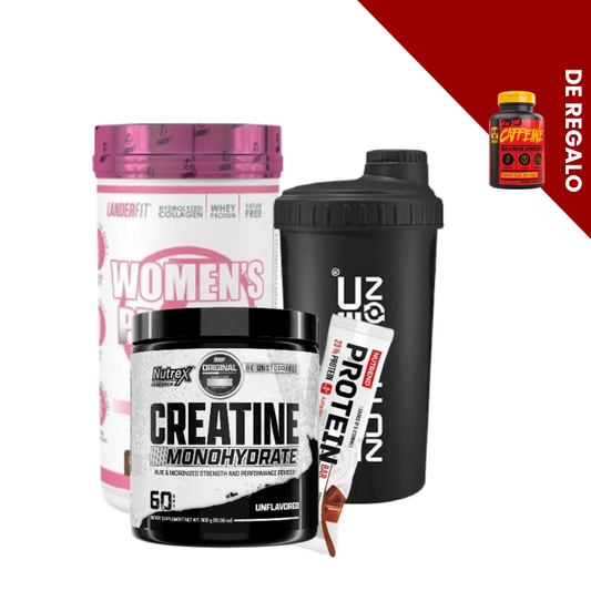 Pack de proteínas Nutrex para mujeres con shaker, barra y cafeína, ideal para entrenamiento y recuperación.
