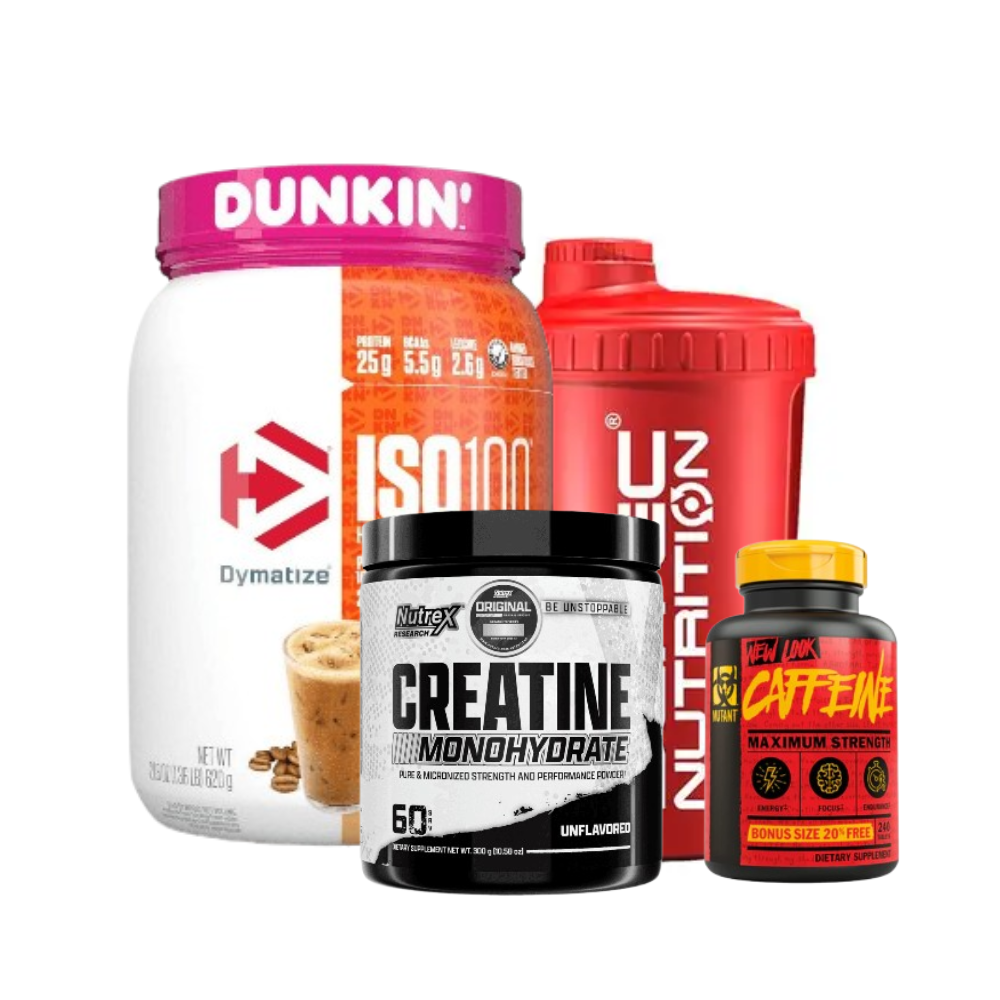 Pack de proteínas Dymatize whey iso100 con creatina, cafeína y shaker de regalo, ideal para deportistas y fitness.