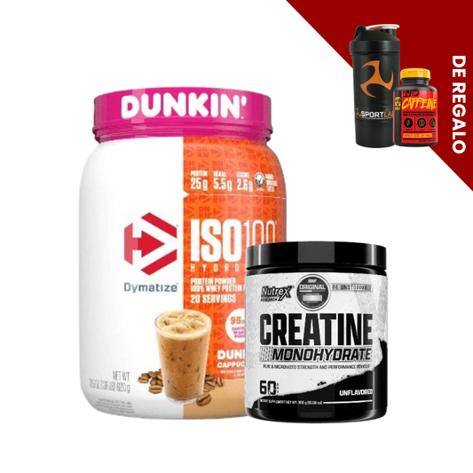 Paquete de proteínas Dymatize Iso 100 Dunkin con creatina Nutrex, shaker y cafeína Mutant de regalo, todo para entrenamiento y recuperación.