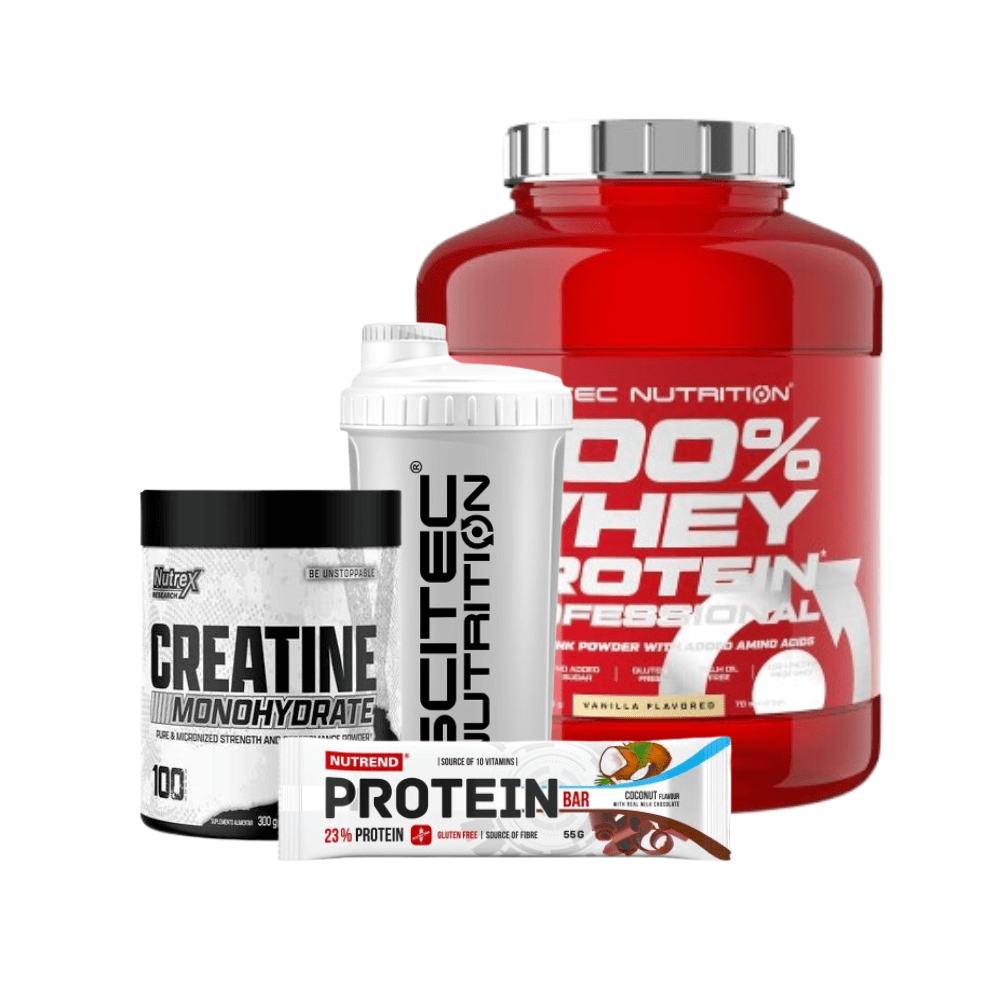 Paquete de proteínas y creatina Winter Fit de Scitec Nutrition, con sobres y frascos en envase blanco y negro.