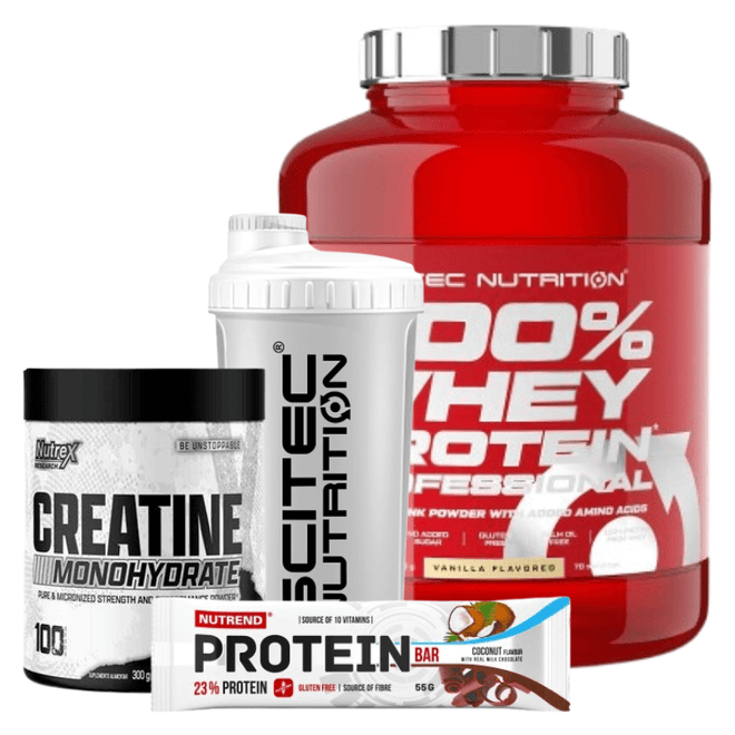 Paquete de proteínas y creatina Winter Fit de Scitec Nutrition, con sobres y frascos en envase blanco y negro.