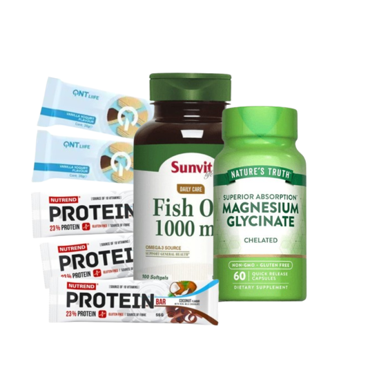 Pack Stress Mode Byon con Fish Oil Sunvit, Magnesio Glicinato Nature’s y 5 barras (3 Protein Bar + 2 QNT) para foco y colaciones