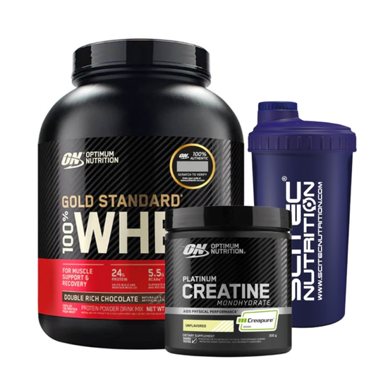 Paquete de proteínas Gold Standard 2.0 Creapure de Optimum Nutrition con creatina monohidratada y batido en shaker.