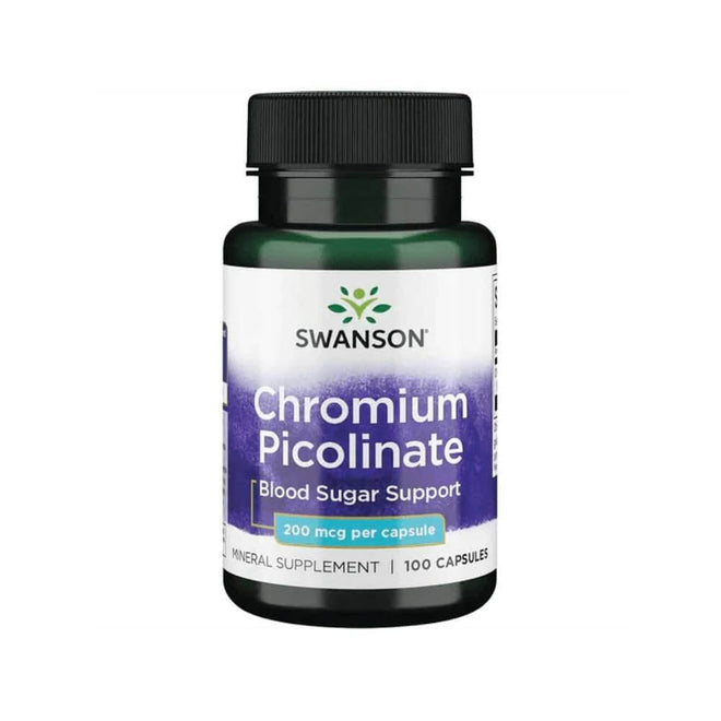 Capsulas de Picolinato de Cromo 200mcg de Swanson, suplemento de vitaminas y salud en envase de 100 cápsulas.