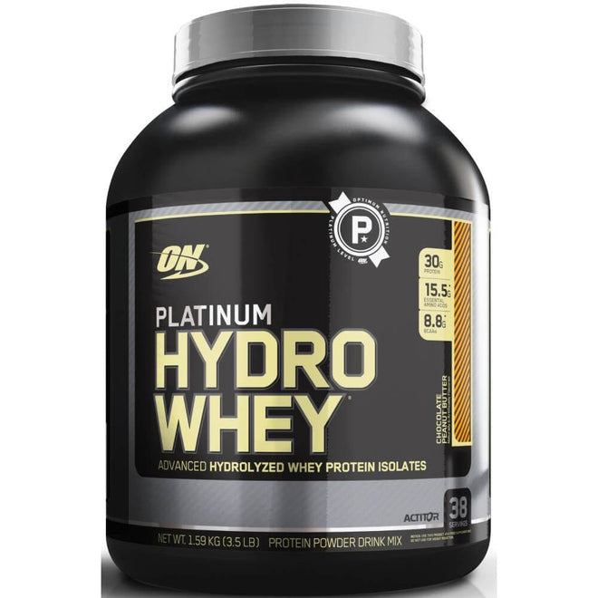 Proteínas Optimum Nutrition Platinum Hydro Whey 3,5 lbs sabor chocolate en envase con tapa negra y etiqueta visible