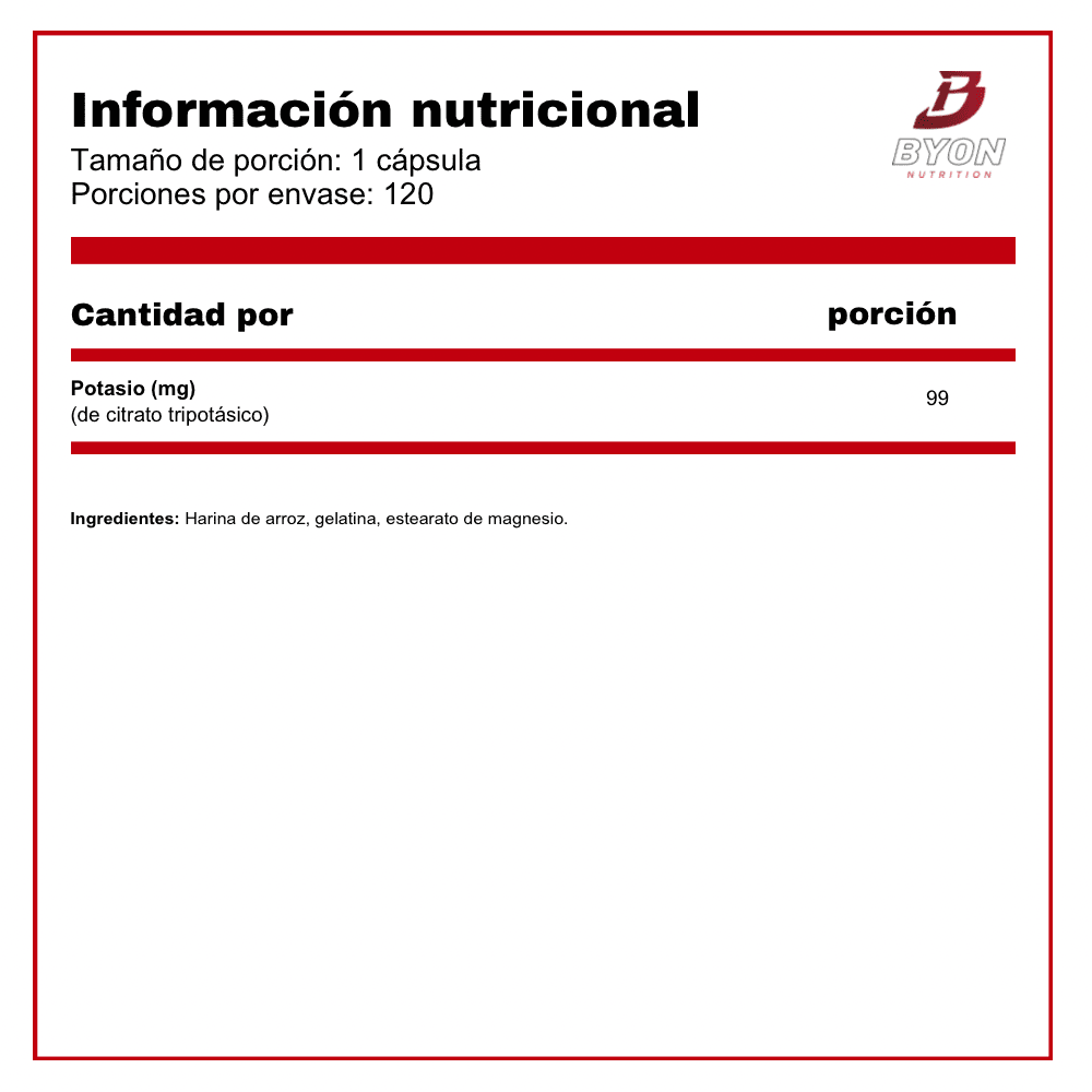 Potasio Citrato 99 mg 120 cápsulas - Byon Nutrition