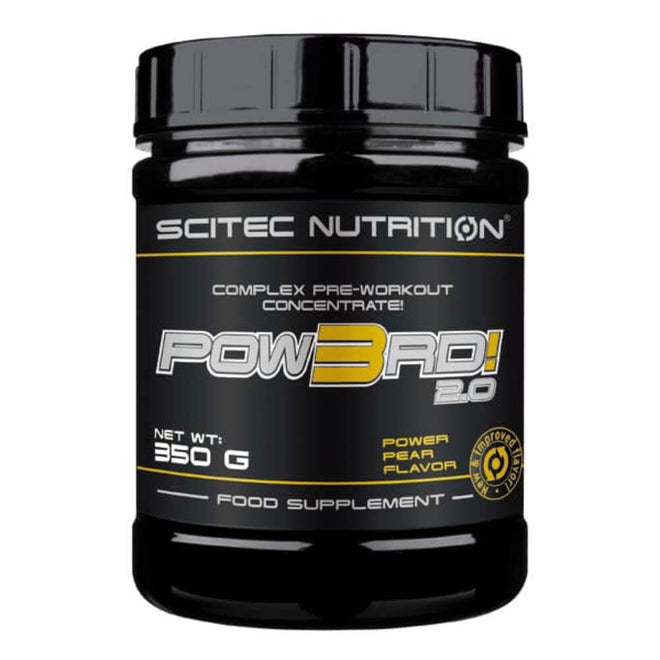 Pre-entrenamiento Pow3rd de 350 g de Scitec Nutrition, polvo en sabor pera para mejorar el rendimiento deportivo.