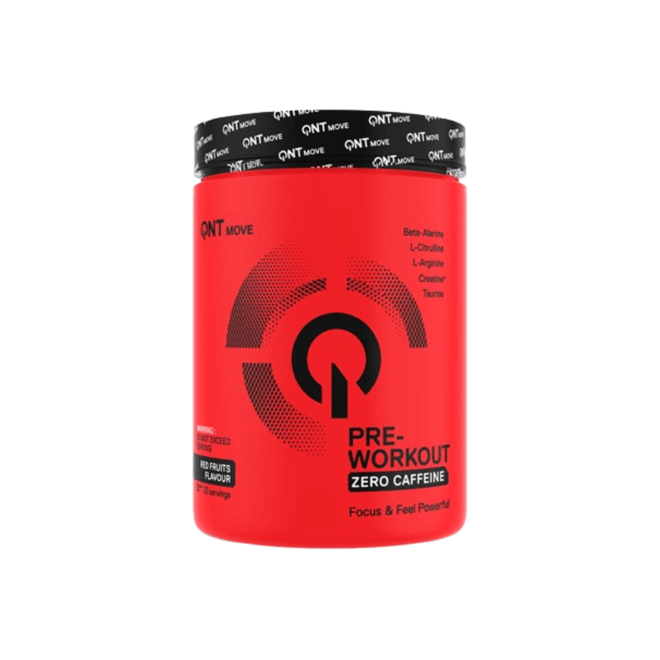 Pre-entreno QNT Sports sin cafeína, polvo para energía y rendimiento en envase con sabor a frutas.