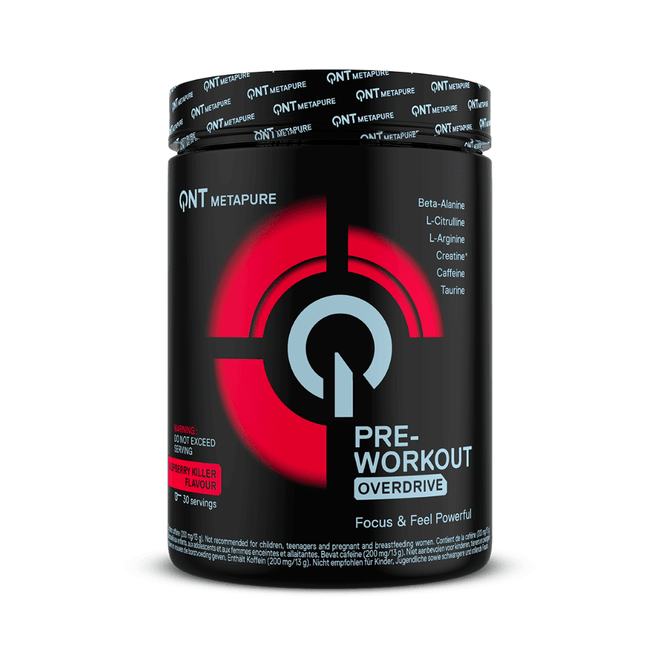 Pre-entrenamiento Over Drive de QNT Sports en polvo de 390 g con sabor frambuesa, para mejorar el rendimiento durante el ejercicio.