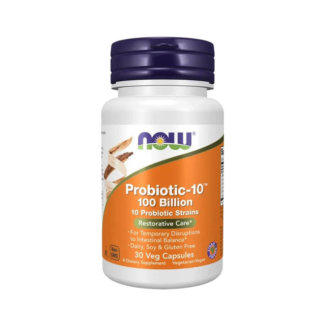 Frasco de Probiotic-10 de Now Foods, 30 cápsulas vegetales de 100 mil millones de UFC.