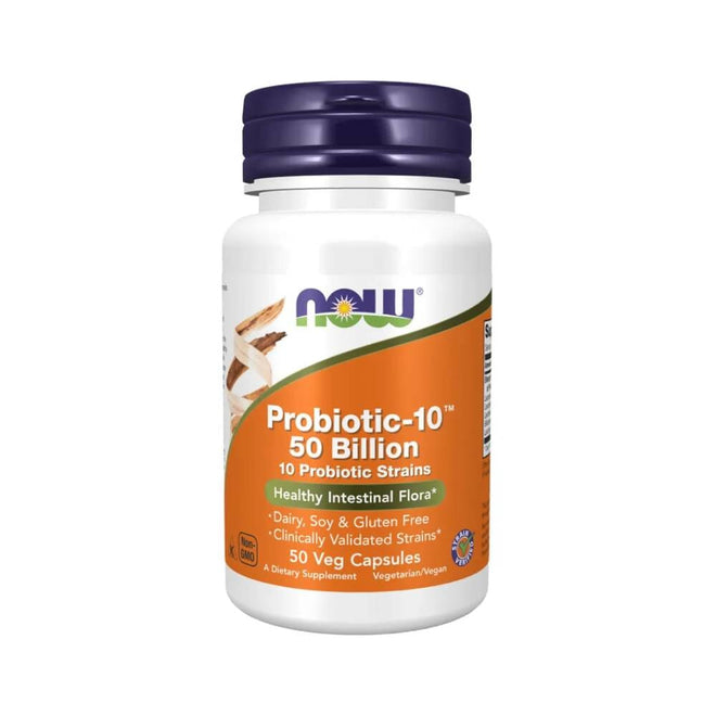 Cápsulas vegetales de Probiotic-10 de Now Foods, 50 mil millones de UFC por cápsula.