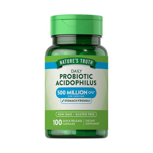 Frasco Probióticos Acidophilus 100 cápsulas Nature's Truth, probiótico 500M CFU para apoyo digestivo.