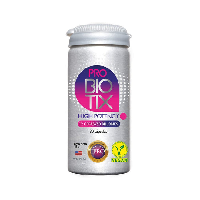 Frasco de ProBiotix alta potencia de New Science con 30 cápsulas.