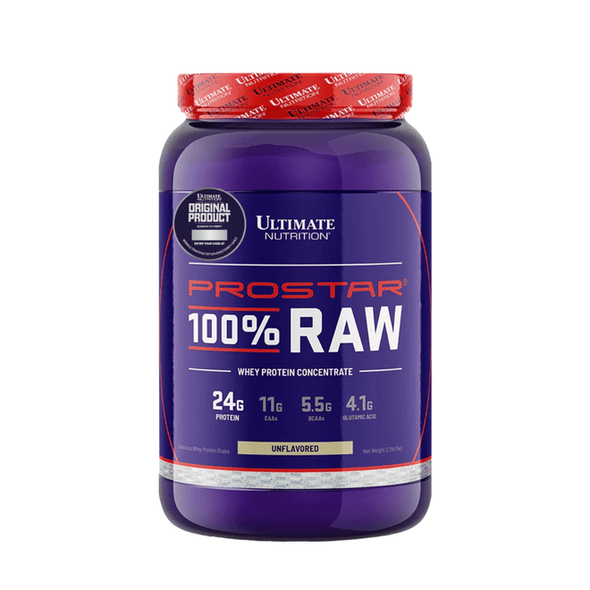 Proteínas Prostar 100% Raw de Ultimate Nutrition, polvo de suero sin sabor en envase de 2.2 lbs, visible en la imagen.