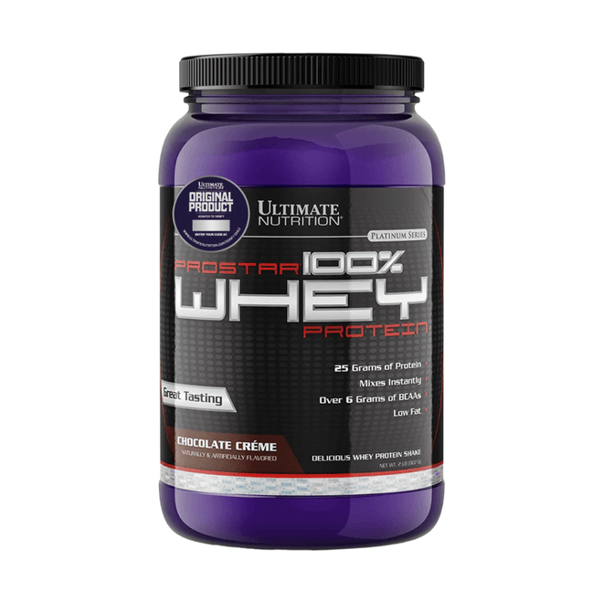 Proteínas Prostar Whey de 2 lbs de Ultimate Nutrition en sabor chocolate, envase con polvo de proteína para deportistas y fitness