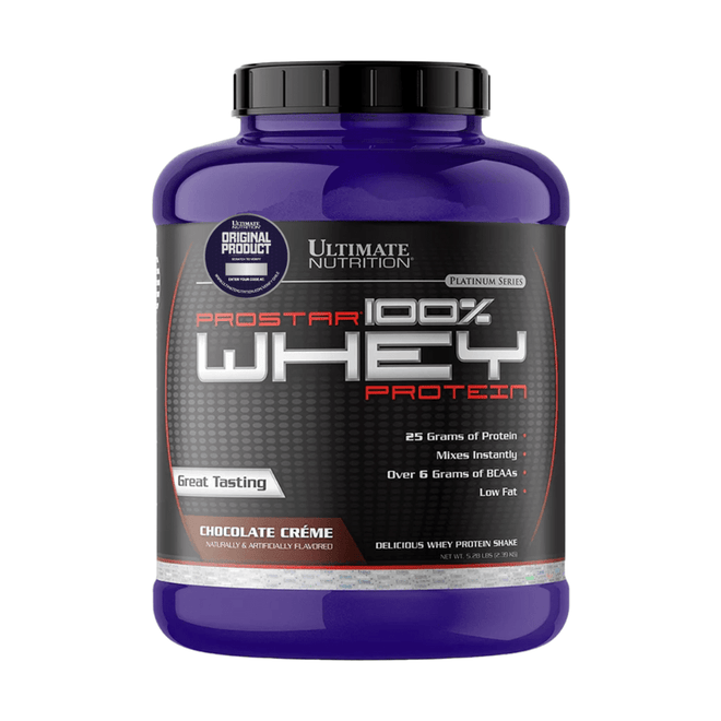 Proteínas Prostar Whey de Ultimate Nutrition en sabor chocolate, envase de 5 libras, ideal para deportistas y nutrición deportiva