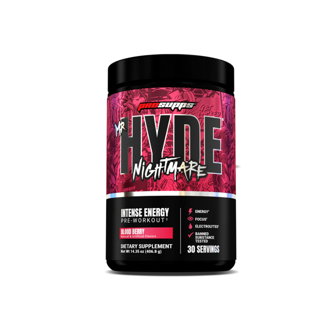 Pre-entrenamiento ProSupps HYDE Nightmare en polvo con sabor intenso y envase de 300g, ideal para mejorar el rendimiento en el gimnasio.
