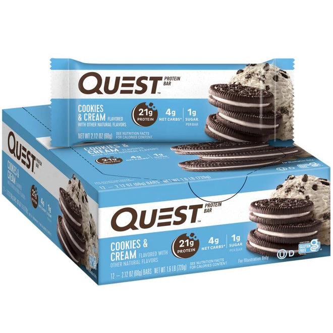 Barra de proteína Quest Cookies and Cream con 21g de proteína, paquete de 12 unidades, snack energético y endurance