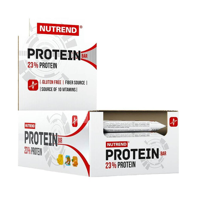 Barra de proteína Nutrend en caja con 24 unidades, sabor chocolate y coco, ideal para snacks y endurance.