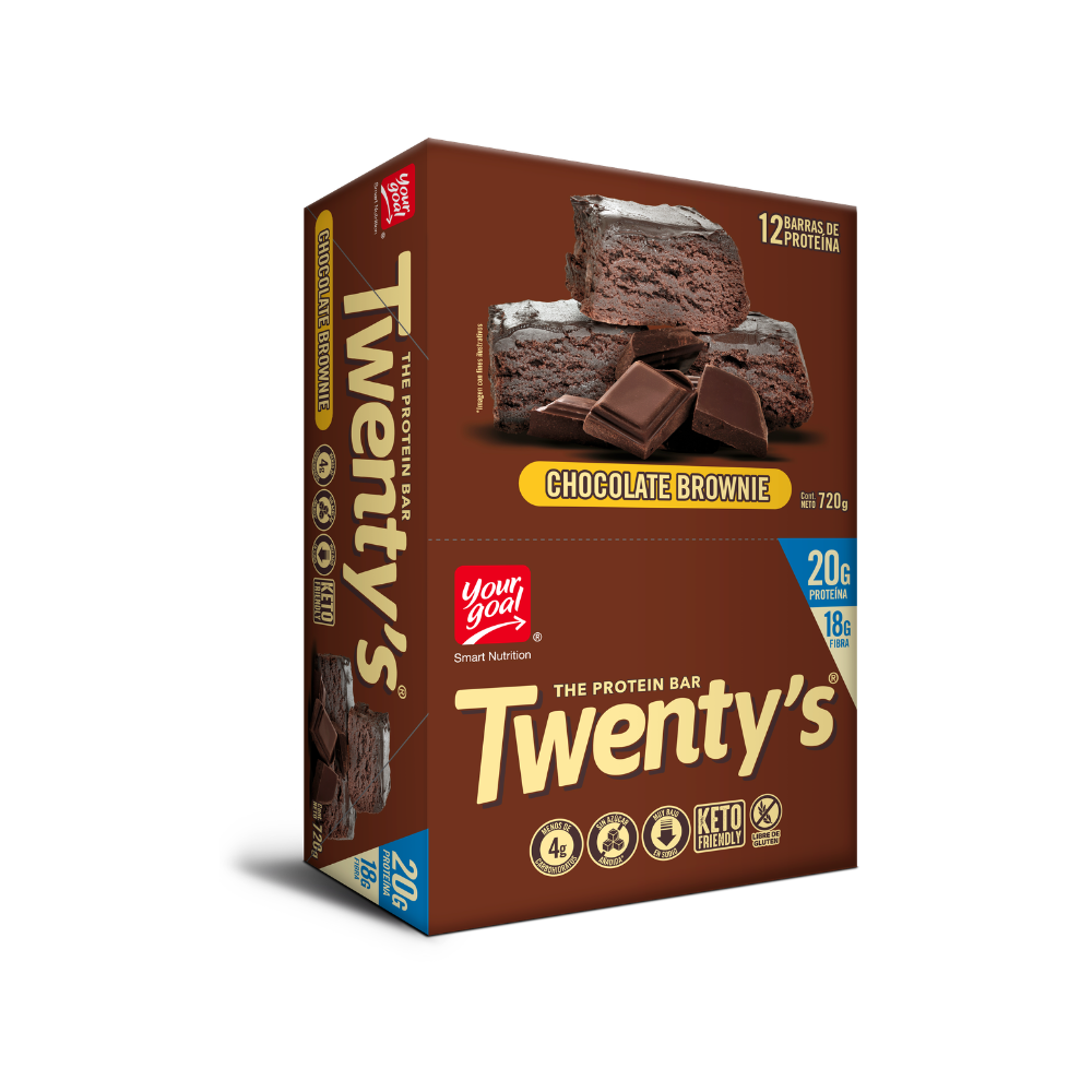 Barra de proteína Your Goal Twenty’s, snack de endurance con sabor a Chocolate Brownie, 12 barras para energizar y recuperar.