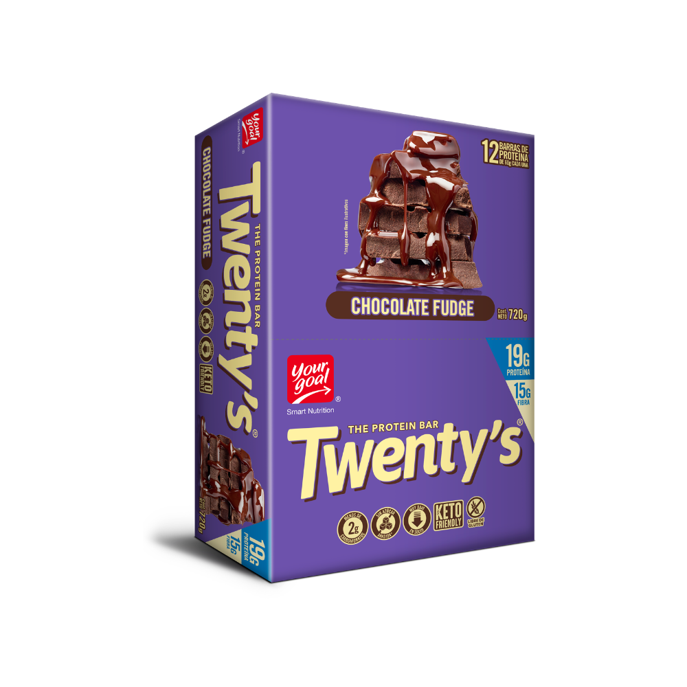 Barra de proteína Your Goal Twenty’s con sabor a Chocolate Fudge, ideal para snacks y endurance, en paquete de 12 unidades.