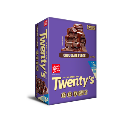 Barra de proteína Your Goal Twenty’s con sabor a Chocolate Fudge, ideal para snacks y endurance, en paquete de 12 unidades.