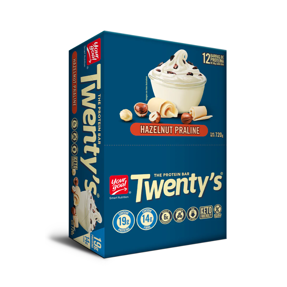 Barra de proteína Your Goal Twenty’s con sabor a avellana y praliné, ideal para snacks y endurance, 12 unidades.