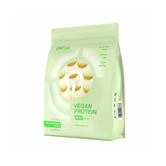 Proteína vegana QNT de 500 g sabor vainilla y macaroon, sin azúcar, en envase para deportistas y dietas saludables.