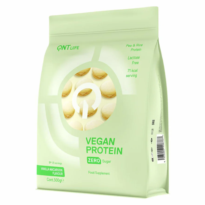 Proteína vegana QNT de 500 g sabor vainilla y macaroon, sin azúcar, en envase para deportistas y dietas saludables.