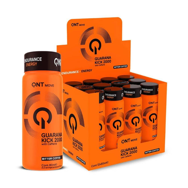 Botellas de Guarana Kick 2000 con cafeína de QNT Sports, 12 envases de 80ml cada uno, sabor café amargo.