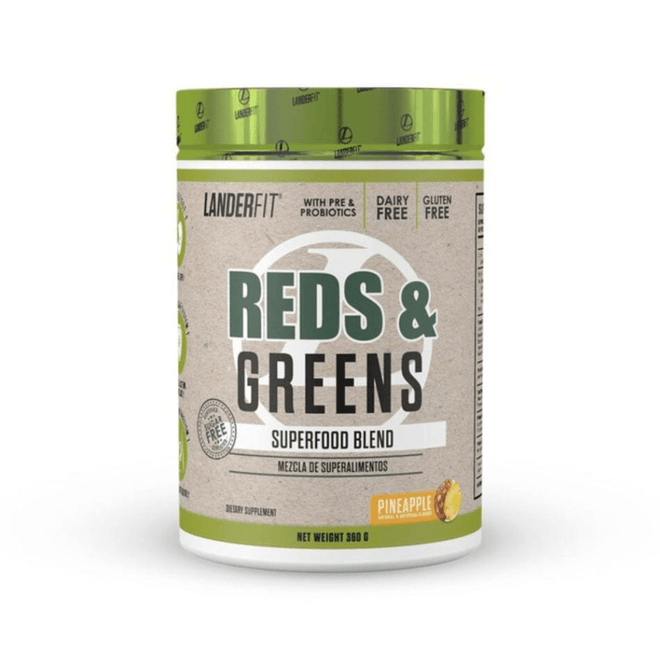 Suplemento multivitamínico Reds & Greens de Landerfit con sabor a piña, para salud y bienestar, 30 servicios.