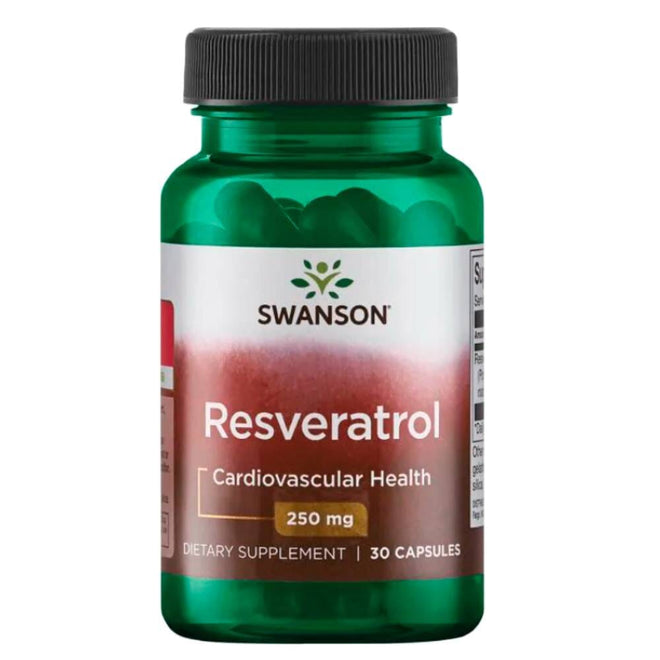 Suplemento de Resveratrol 250 mg en cápsulas de la marca Swanson, en frasco con 30 cápsulas para bienestar y salud.