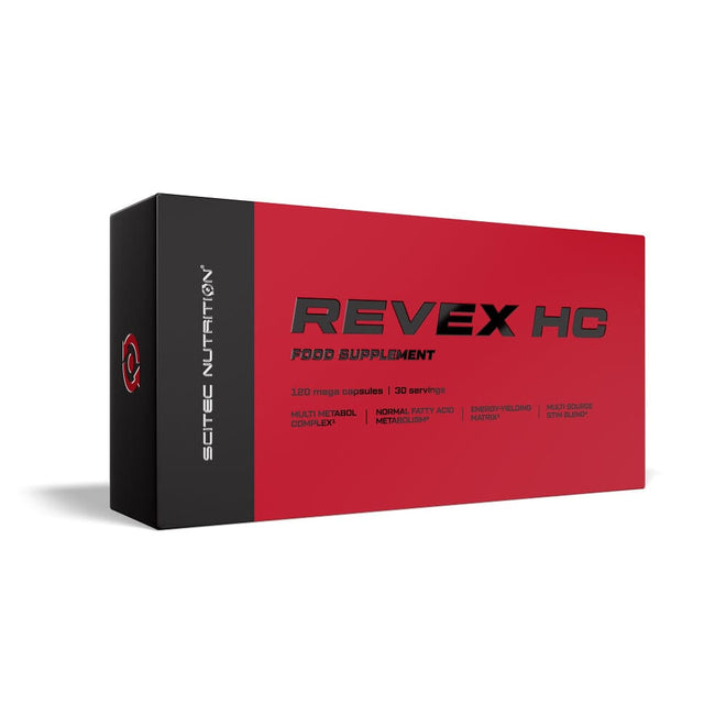 Envase blanco y rojo de Revex HC de Scitec Nutrition con 120 cápsulas.