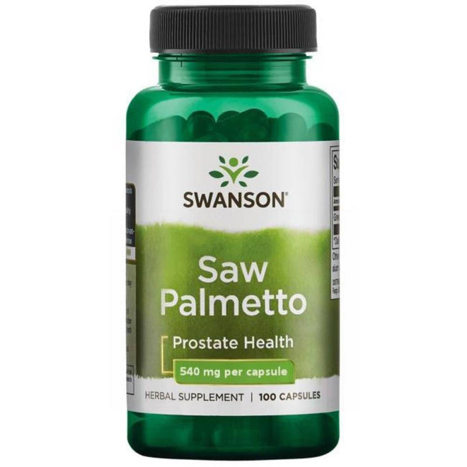 Suplemento de Saw Palmetto 540 mg en 100 cápsulas, vitaminas y salud de la marca Swanson, visible en la imagen.