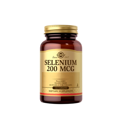 Tabletas de Selenio 200 mcg de Solgar, suplemento en frascos con 100 tabletas para salud y bienestar.