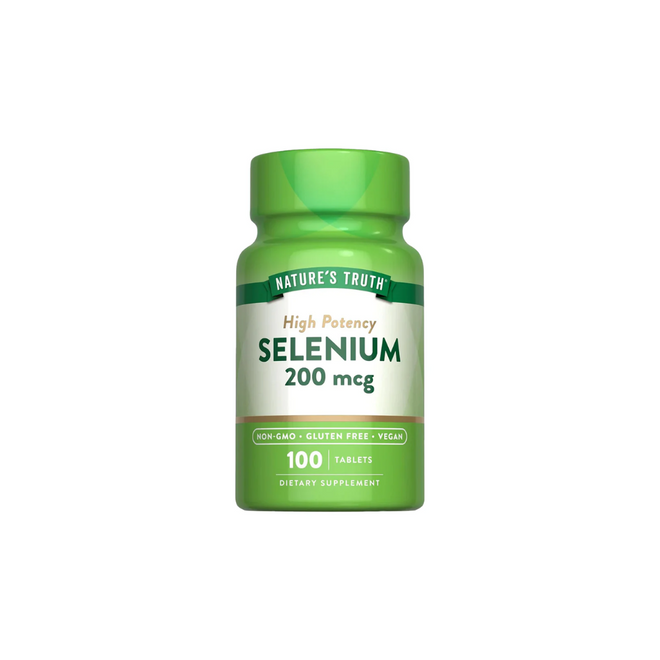 Suplemento de selenio 200mcg de Nature's Truth, cápsulas de vitaminas y salud, muestra la botella y cápsulas en la imagen.
