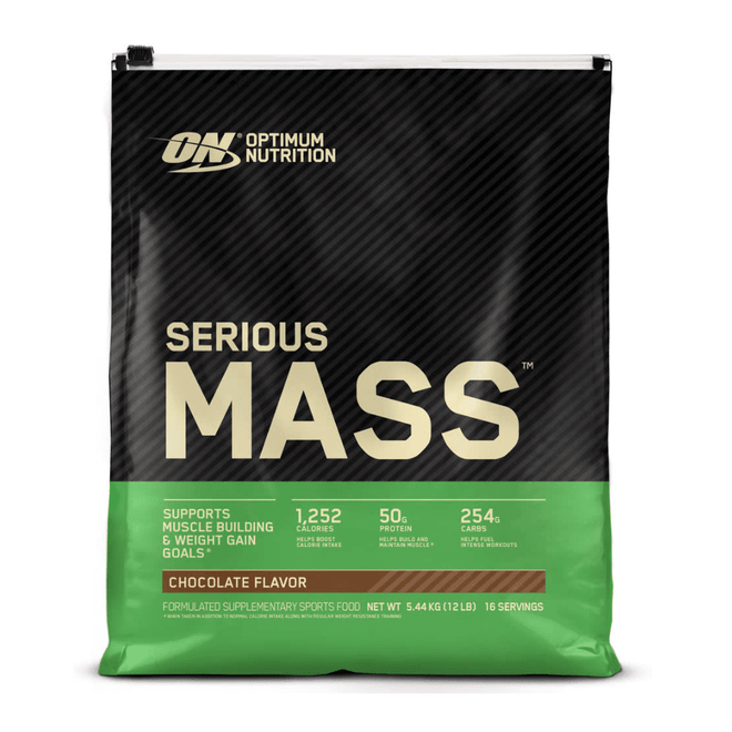 Batido de proteínas Serious Mass de 12 lbs de Optimum Nutrition, ganador de peso, en envase grande y sabor a elección.