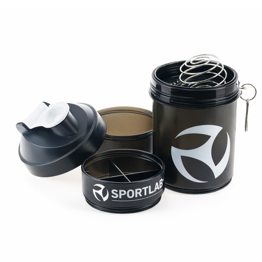 Shaker 3 en 1 Sportlab de 400 ml con tapa y vaso, ideal para bebidas deportivas y suplementos en actividades físicas.
