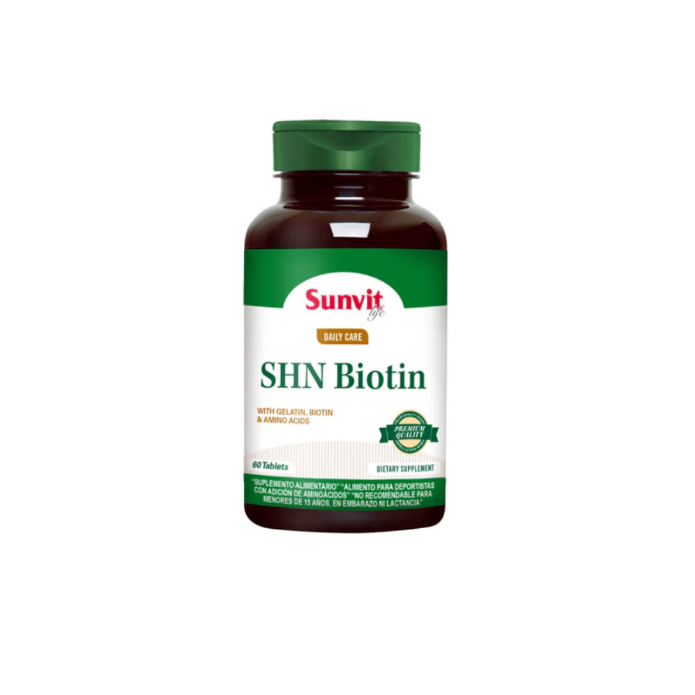 Suplemento de SHN Biotín y Colágeno Sunvit Life en cápsulas, para salud capilar, piel y uñas, en envase de 60 cápsulas
