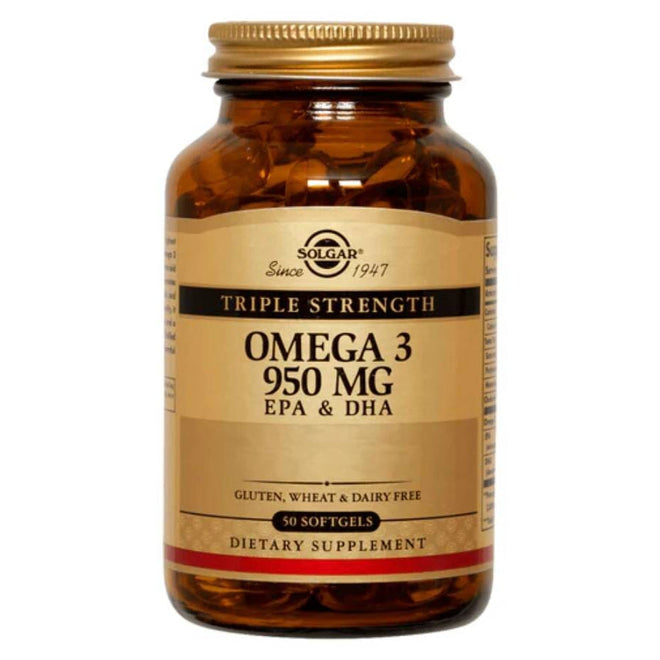 Suplemento de Omega 3 950 mg de Solgar en 50 softgels, vitaminas y salud, con cápsulas suaves de aceite de pescado.