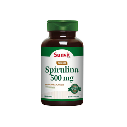 Tabletas de spirulina de 500 mg de Sunvit Life de Byon Nutrition, paquete con 180 tabletas en envase blanco