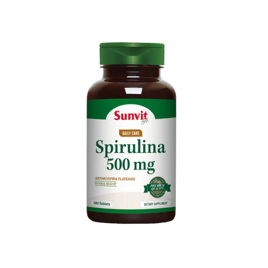 Tabletas de spirulina de 500 mg de Sunvit Life de Byon Nutrition, paquete con 180 tabletas en envase blanco