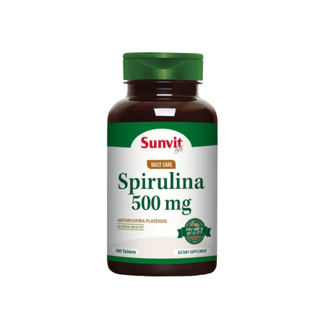 Tabletas de spirulina de 500 mg de Sunvit Life de Byon Nutrition, paquete con 180 tabletas en envase blanco