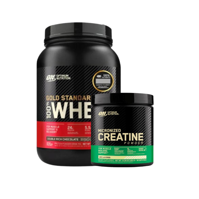 Proteínas Optimum Nutrition Strong and Power Gold Standard 2lb con creatina y 300g de aminoácidos en envase dorado