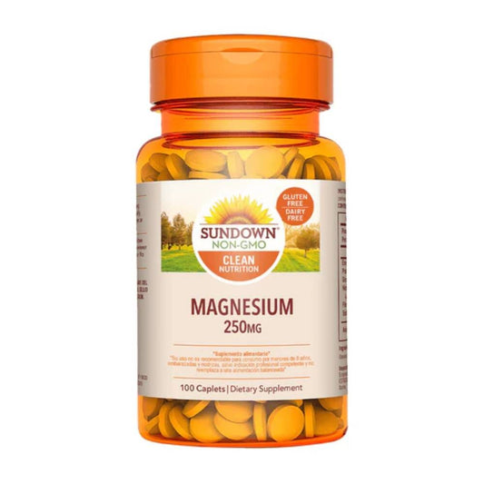 Frasco Sundown Magnesio 250 mg 100 caplets, apoyo muscular y nervioso 